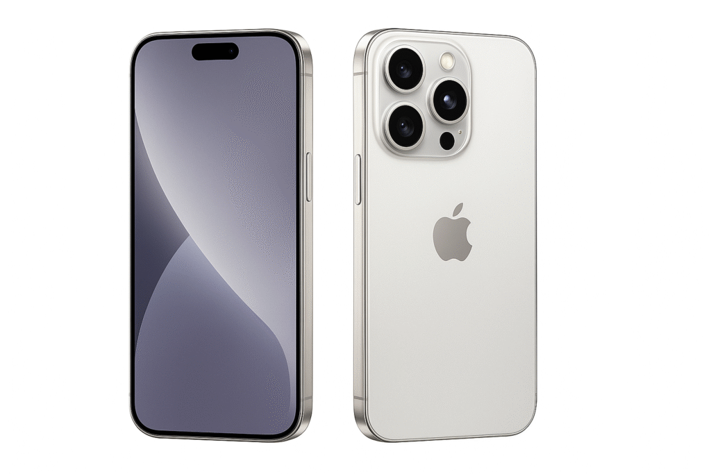 Apple iPhone 16 Pro in Silver with stylish polished frame, showcasing front screen and rear camera design on a white background.