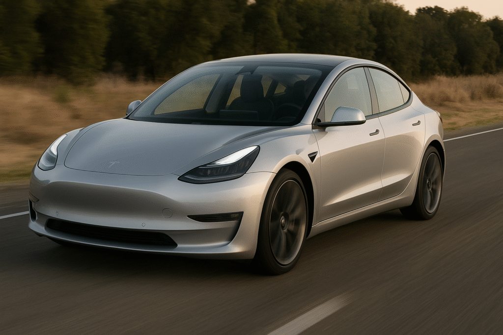 A silver Tesla Model 3 speeding along a scenic open road with trees and golden grass, highlighting its premium electric car design.