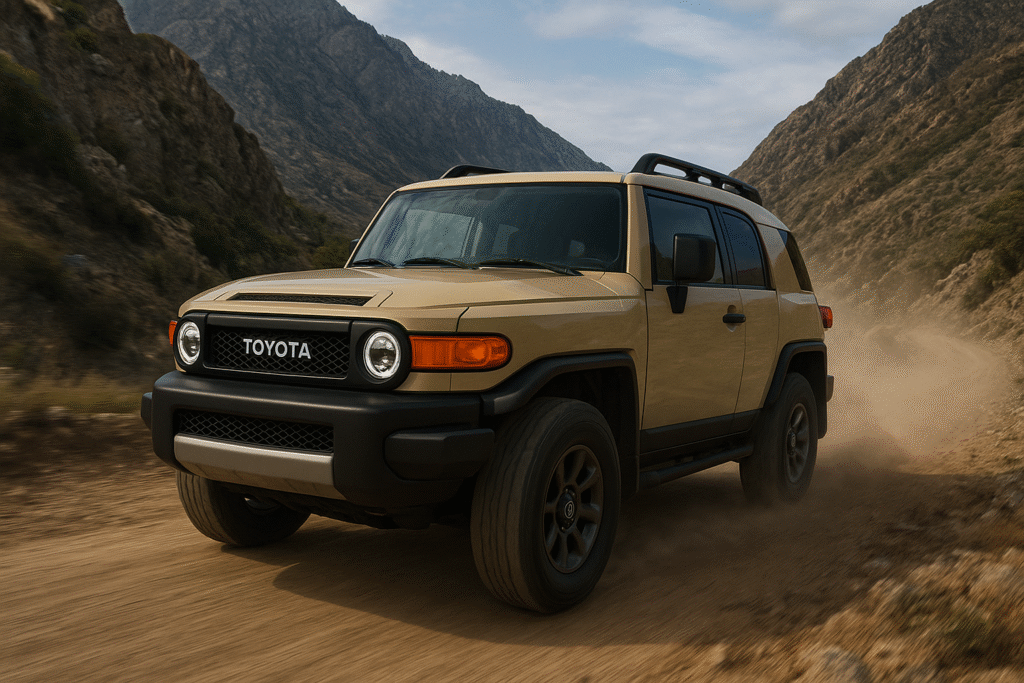 A Toyota Mini Land Cruiser speeding through mountain roads, capturing its off-road performance and dynamic driving capability.