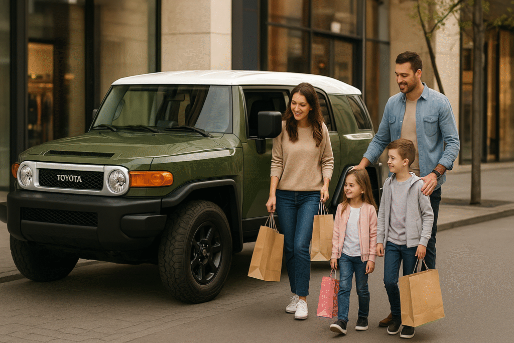 A family stepping out of their Toyota Mini Land Cruiser for shopping in a modern city area, reflecting style and comfort.