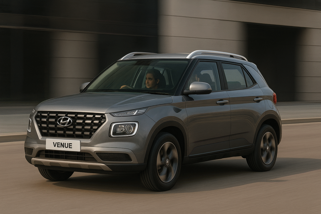 Hyundai Venue 2025 driving on the road, capturing smooth performance and modern urban lifestyle appeal.