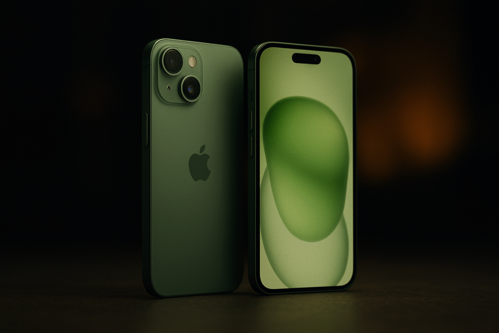 Apple iPhone 15 Green Edition captured in a cinematic lighting setup with stylish reflections.