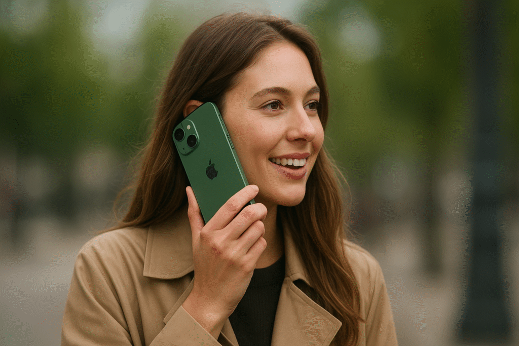 Young woman talking on a green Apple iPhone 15 outdoors with a blurred city background.