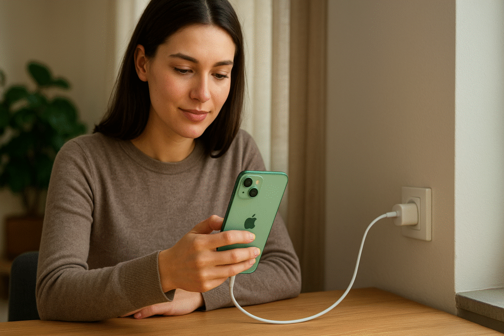Woman sitting indoors and charging her green Apple iPhone 15 while looking at the screen.
