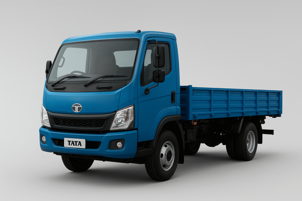 A Tata heavy-duty truck driving uphill on a mountainous road, showcasing superior power and durability for challenging terrains.