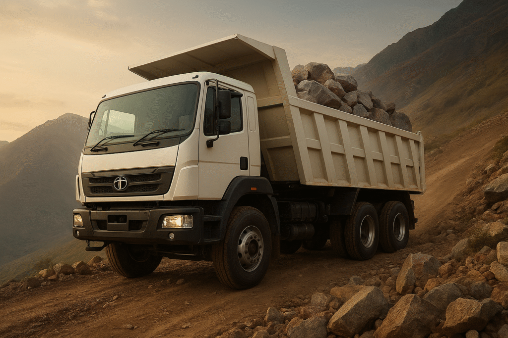 A close-up high-resolution photo of a Tata commercial truck 2025 model, emphasizing its design, load capacity, and build quality.