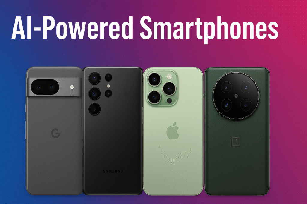 Multiple AI-powered smartphones displayed side by side in a stylish indoor setup representing India’s best AI phones of 2025.