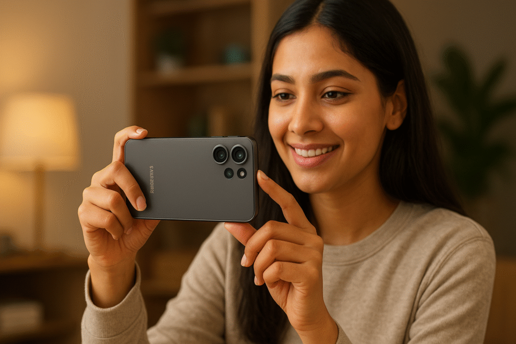 Multiple AI-powered smartphones displayed side by side in a stylish indoor setup representing India’s best AI phones of 2025.