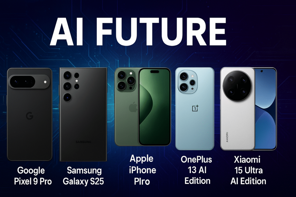 A futuristic poster titled “AI FUTURE” featuring Google Pixel 9 Pro, Samsung Galaxy S25 Ultra, iPhone 15 Pro, OnePlus 13 AI Edition, and Xiaomi 15 Ultra AI Edition.