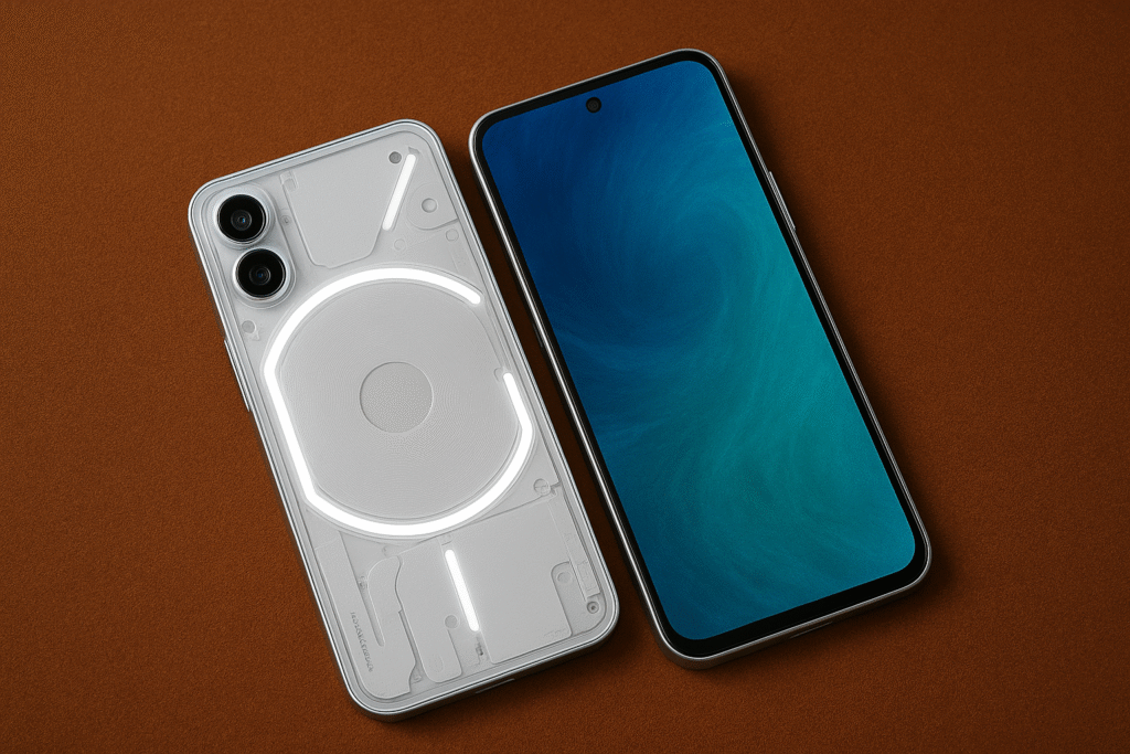 A set of four images displaying the Nothing Phone 3a Lite in different lighting, colors, and design perspectives highlighting its modern aesthetics.