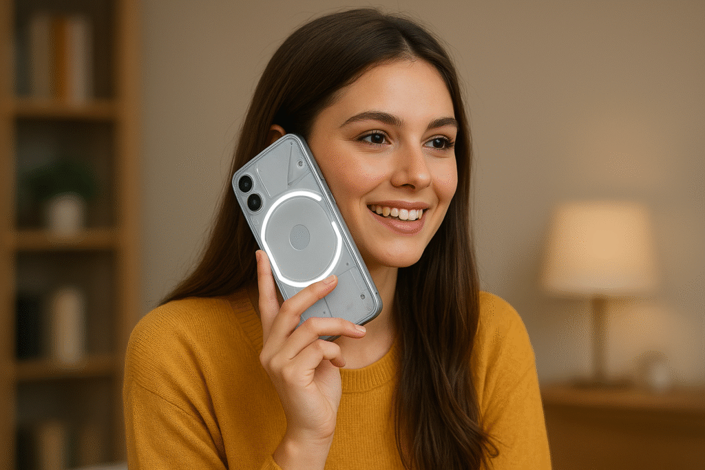 A beautiful woman talking on the Nothing Phone 3a Lite indoors, showcasing the phone’s comfortable grip and stylish appeal in everyday use.