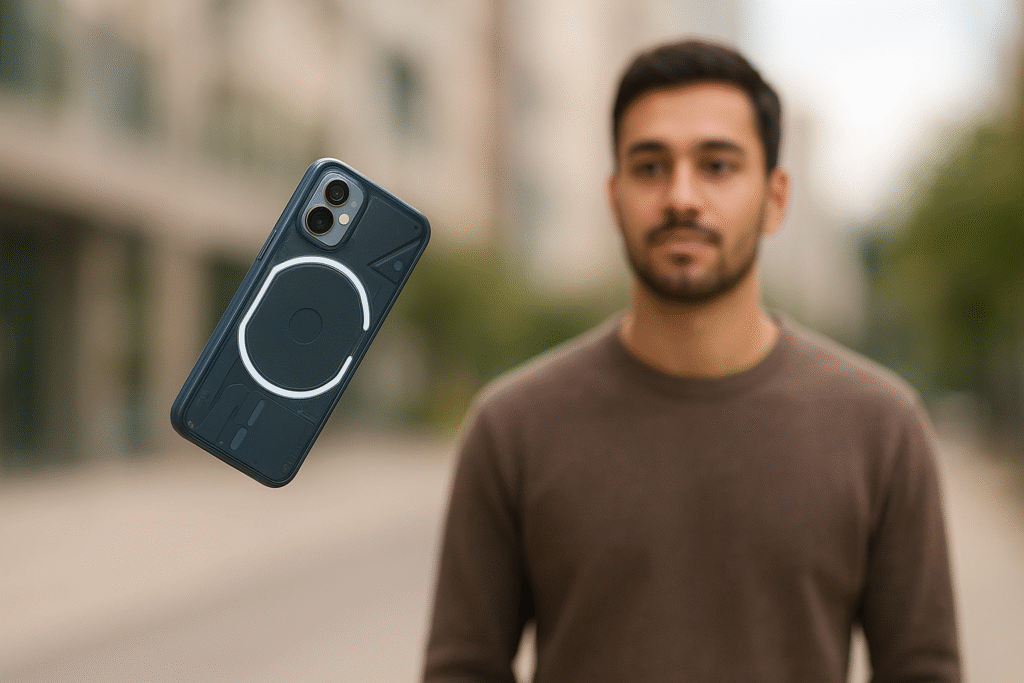 A dynamic scene showing the Nothing Phone 3a Lite suspended in mid-air with a young man standing below, ready to catch it, with a blurred background.